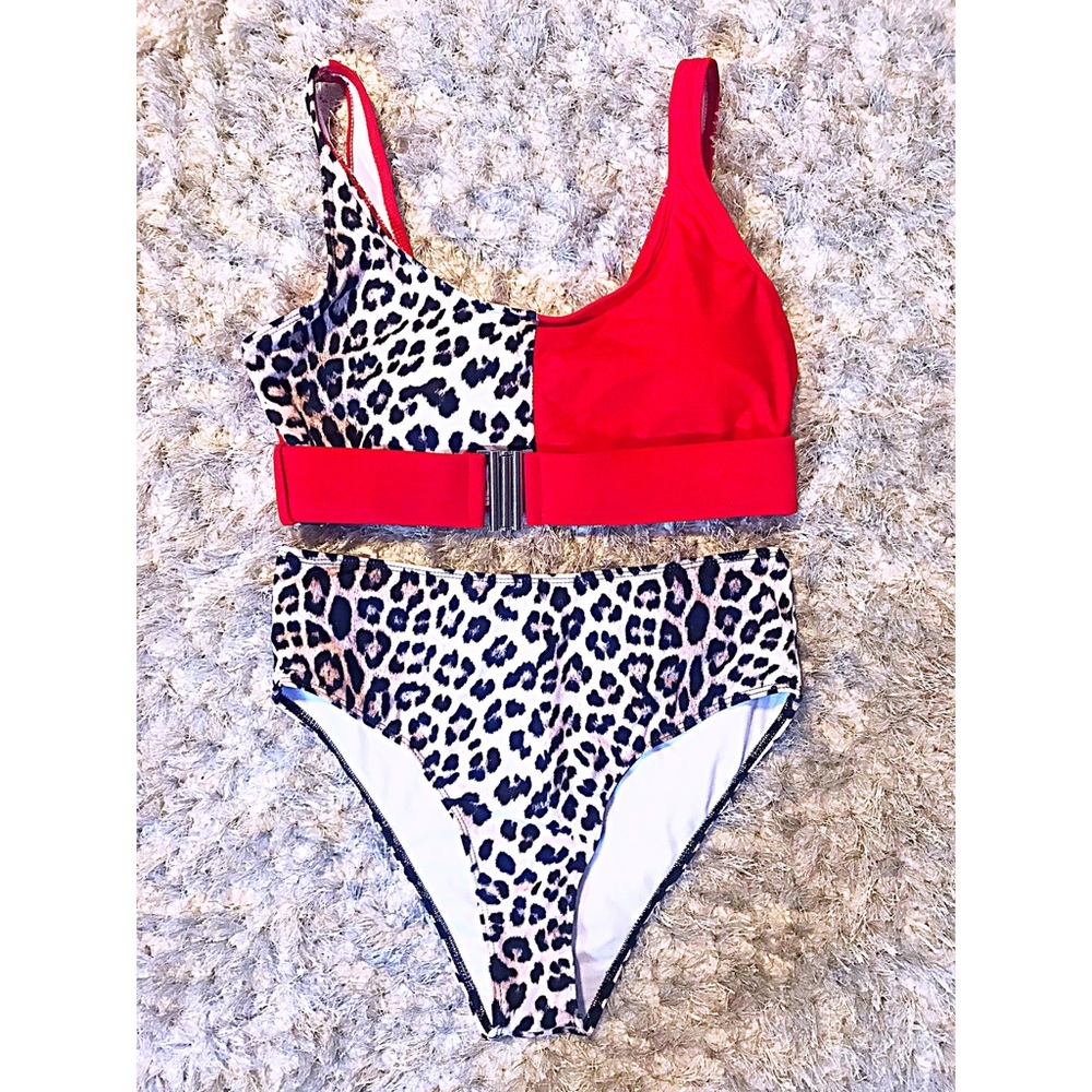 High Waisted Red/Leopard Print buckle Bikini-L